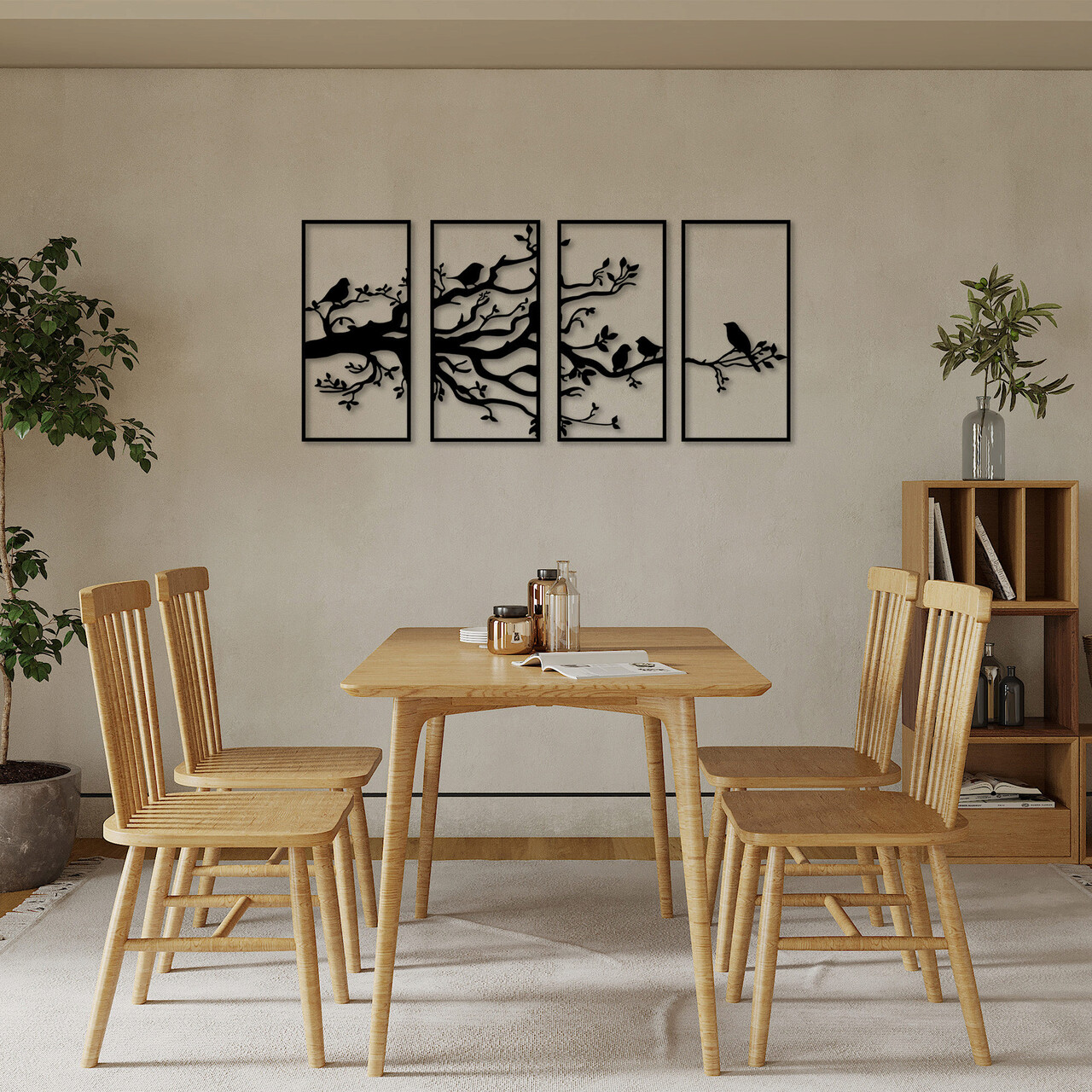 Decoratiune de perete, Tree Branch And Birds, 34 x 70 cm, 4 piese, Negru - imagine 7
